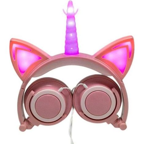 Casque Licorne Pliable pour Enfants Filles - Marque - Modèle - LED Oreilles de Chat - Bandeau Réglable - Rose