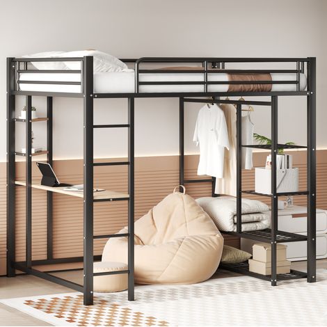 Cama alta de metal y MDF negra 140x200 cm con escritorio, estantes, perchero y somier incluido (1/5)
