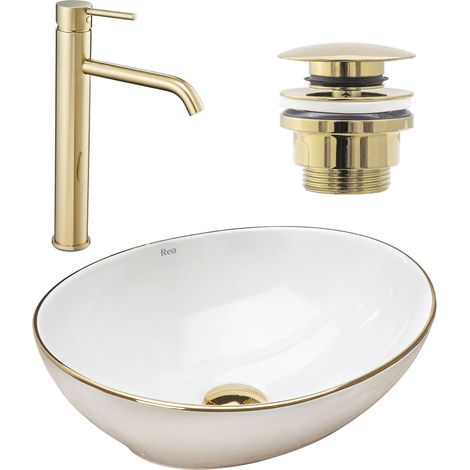 Set Countertop washbasin Sofiagold edge + Bathroom faucet Lungo gold + Plug uniwersalny gold (1/5)