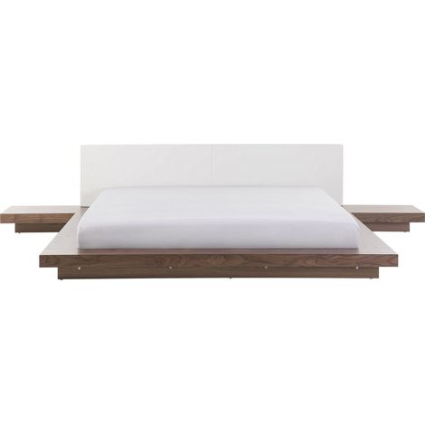 Lit à Eau Moderne Futon Double 180 x 200 cm avec Tables d'Appoint Tête de Lit Similicuir MDF Bois de Frêne Marron Zen (1/5)
