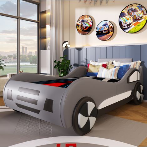 Cama infantil tipo coche gris 90 x 200 cm con somier y almacenaje hidráulico (1/5)