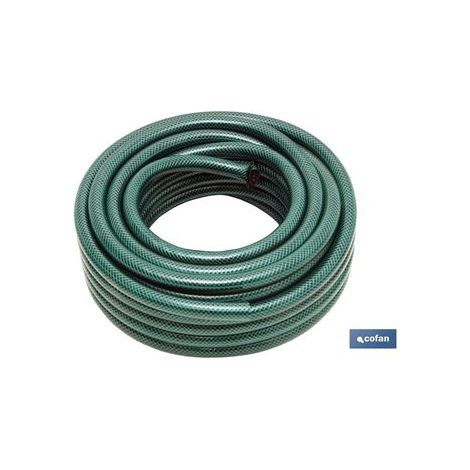 COFAN manguera pvc 3 capas c/acces. 5/8 20 m , Rollo de manguera fabricada con PVC de 3 capas. Incluye accesorios útiles para las labores de riego, limpiezas, coches, etc. Incluye (1/7)