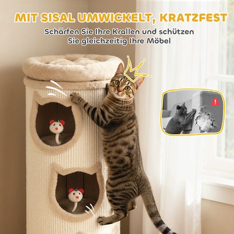 Tour à chat 4 niveaux 96 cm, arbre à chat gris avec lit lavable, 3 cachettes, jouet suspendu, pour plusieurs chats (1/5)