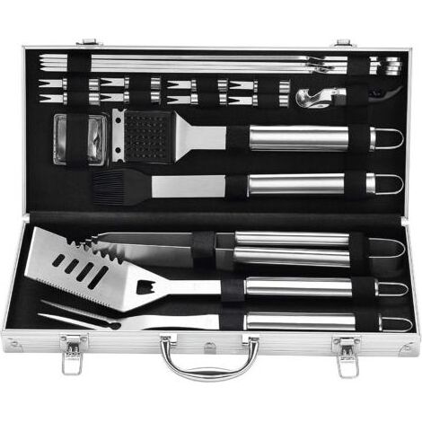 Ensemble d'accessoires complet pour barbecues Online Store, comprenant une spatule extra-épaisse, une fourchette et une pince, le tout en acier inoxydable durable. (1/5)