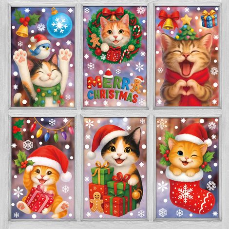 Autocollants pour fenêtres chatons et chiens, décorations de Noël, autocollants statiques pour fenêtres, décorations pour une ambiance festive, autocollants pour vitres chats flocons de neige, animaux