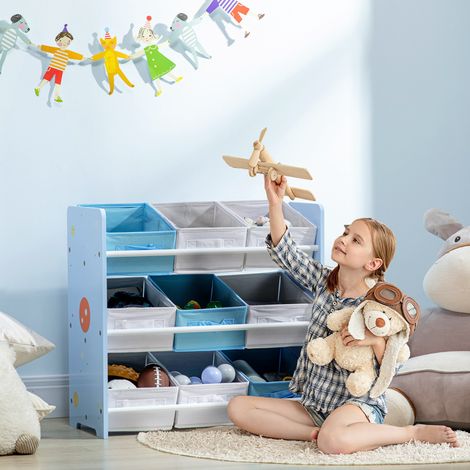 Étagère à jouets avec 9 bacs amovibles en MDF et textile, 63x30x60cm, bleu clair (1/5)