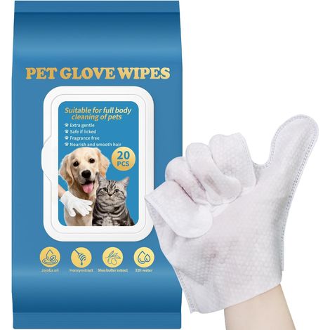 Lingettes à gants pour animaux de compagnie pour chiens et chiots - Lingettes douces et épaisses pour animaux domestiques, toilettage sans lavage pour fourrure, visage, corps, pattes, fessier (1/5)