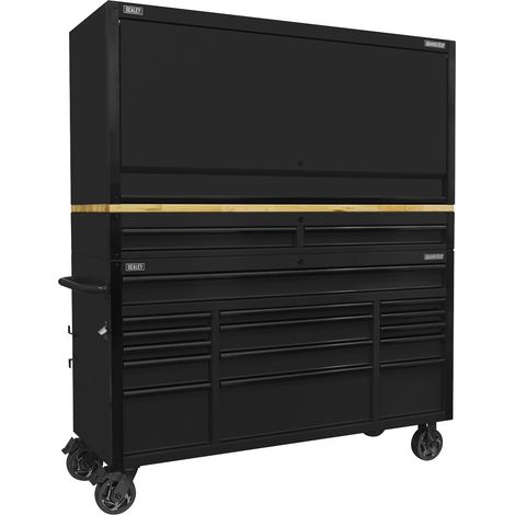 Sealey AP6215BECOMBO1 Superline PRO Black Edition Mobile Trolley with Wooden Worktop 15 Drawer, Hutch & 2 Drawer Riser 1549mm
