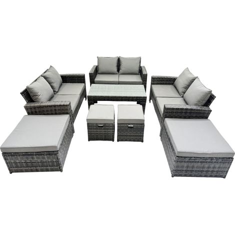Fimous Outdoor Love Sofa Set 10 Seat Rattan Garden Furniture Set with Oblong Coffee Table 4 Stools Dark Grey Mixed (1/5)
