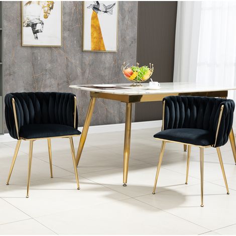 Esszimmerstuhl aus schwarzem Samt 55,5 x 41 x 74 cm mit goldfarbenen Metallbeinen und gepolstertem Rucken (1/5)