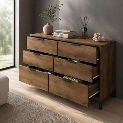 commode 6 tiroirs 120x40x76 cm chêne foncé OKMYHOME
