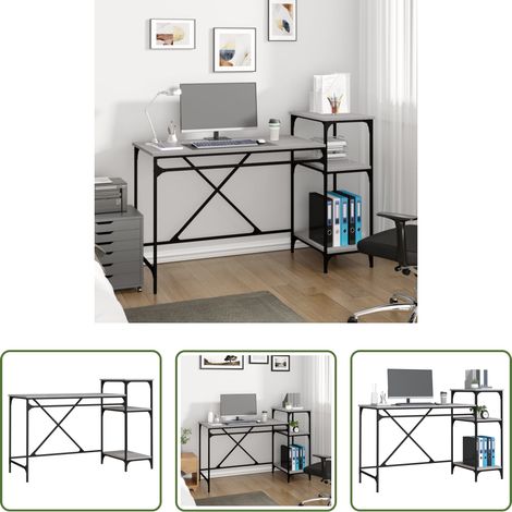 vidaXL Bois d'ingénierie - Bureau et étagères sonoma gris 135x50x90 cm bois ingénierie/fer (1/5)