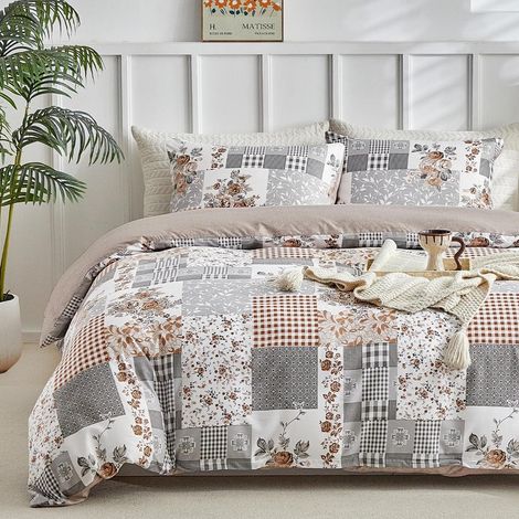 Bettwäsche-Set Doppelbett 200x200 cm Grau Kariert Blumen Mikrofaser mit Reißverschluss