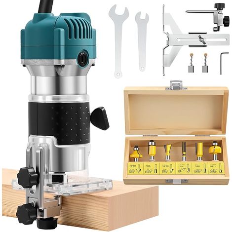 800W Wood Flush Router, 30000rpm Electric Router, Depth Adjustment, Aluminum Housing, Wood Milling Machine with 6 Pieces Router Bits 1/4" Shank (6.35mm) (1/5)