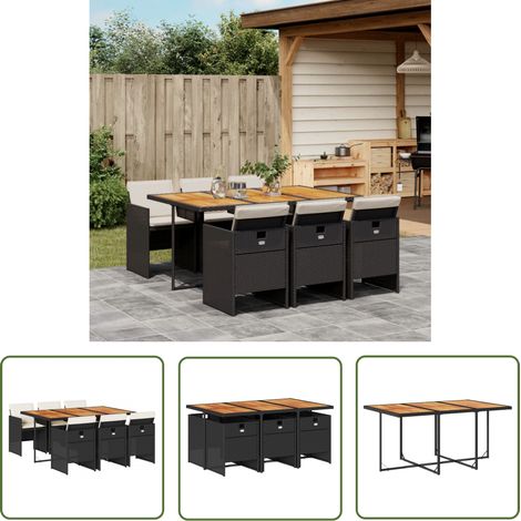 The Living Store 7-tlg. Garten-Essgruppe mit Kissen Schwarz Poly Rattan - Gartentisch - Gartenmöbel - Essgruppe - Gartenset - Outdoor Möbel (1/5)