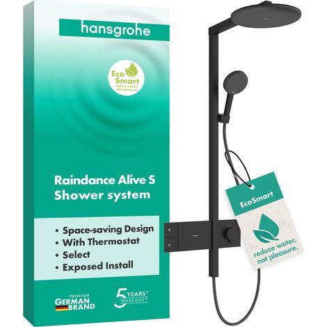 Colonne de douche max. 8 l/min avec mitigeur thermostatique, douche pluie, douchette, support, tuyau de douche, barre et tête de douche, Noir mat, 24583670 (1/5)