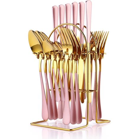 Lot de 24 couverts plats en acier inoxydable avec porte-couverts en argent, cuillères, fourchettes et couteaux, service de vaisselle pour 6 personnes, or miroir poli et laqué rose mat (or rose) (1/5)