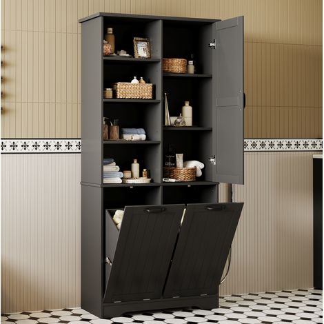 Mobiletto da bagno 78x35x172,7 cm con 2 cesti portabiancheria, ripiani regolabili, MDF nero (1/5)