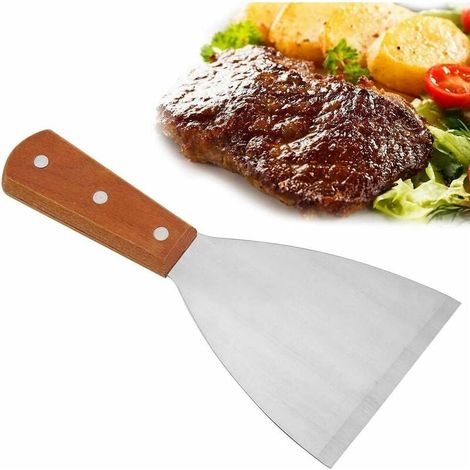 Spatule Plancha - Lame Inox Courbée - Manche en Bois Alimentaire - Résistant à la Chaleur - 1 Pièce (1/5)