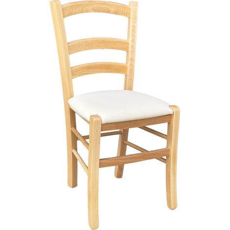Silla Venice de madera en color natural con asiento tapizado en símil piel color crema