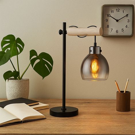 Tischleuchte Schlafzimmerlampe Beistellleuchte Tischlampe Holzleuchte rauch Glasschirm, Metall, 1x E27 Fassung, LxBxH 33x18x55 cm
