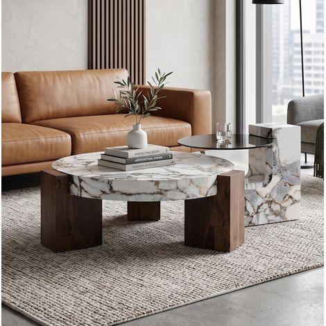 Credenza set di tavolini rotondi 61/44 cm con piano effetto marmo e struttura a L nera (1/5)