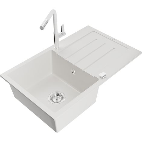 Mexen Bruno 1 Becken-Granitspüle mit Abtropffläche und Mischbatterie Flora, Weiß - 6513-20-670401-02