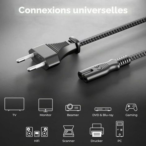 Câble D’Alimentation - 2 M - Prise Européenne Type CEE 7/16 Vers Connecteur IEC C7 - 2 500 W - 2,5 A (1/5)