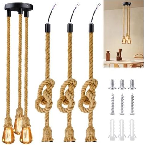 Lustre industriel rétro en corde de chanvre, corde de chanvre rétro, lustre industriel, 100 cm, corde de chanvre, suspension vintage, bricolage, restaurant, hall, barre, café [Classe énergétique A] (1/5)