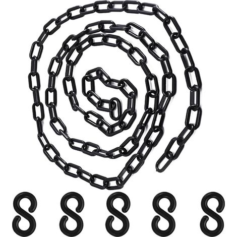 1,5 mètre Chaîne en plastique noir,chaîne d'espacement en plastique de 6 mm, chaîne de sécurité, avec 5 crochets en S,pour le contrôle des foules,les files d'attente,les parkings, les clôtures (1/5)