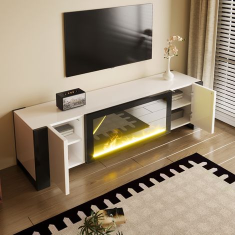 DESMIU Meuble TV avec 2 portes, étagères intérieures et cheminée décorative pour salon 165 × 55 × 32 cm (1/5)