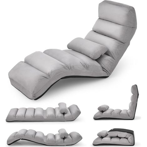COSTWAY Sillón Plegable, Sofá Acolchado y Recubierto en Falso Ante Regulable en 5 Posiciones, Sillón Plegable a RAS de Suelo, Ideal para Jugar a los Videojuegos Dormir Relajarse Leer (Gris) (1/5)