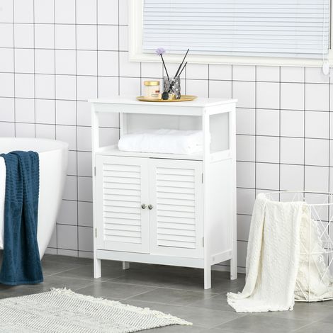 Mueble Auxiliar de Baño Armario para Baño con 2 Puertas de Persianas Estante Abierto Gran Espacio de Almacenamiento Diseño Moderno 60x30x81,6 cm Blanco (1/5)