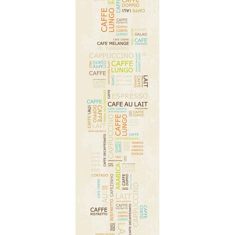 Papier peint panoramique beige à inscriptions | Tapisserie panoramique idéale pour cuisine | Papier peint panoramique original multicolore - 280 x 100 cm (1 pièce) (1/2)