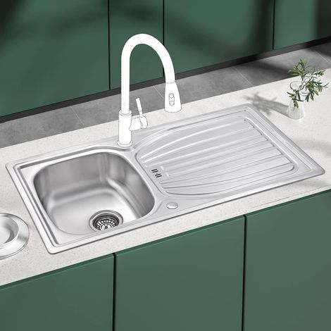 JASSFERRY Stainless Steel Kitchen Sink Single 1.0 Bowl Reversible Top Overflow Hole with Waste Pipes Clips, 980 x 510 mm