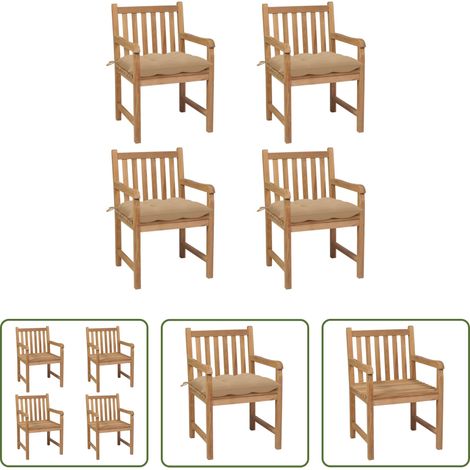 Teakholz - Gartenstühle 4 Stk. mit Beigen Kissen Massivholz Teak (1/5)