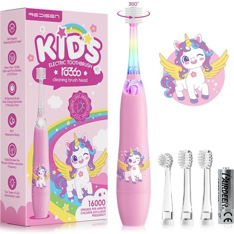 Brosse à Dents Électrique Enfant avec Tête 360°, LED Colorée, Minuteur 2 Min avec Rappel 30s, Pile AAA Incluse, Poignée Ergonomique pour Enfants 1-5+ Ans, 1-3 Ans, 2-5 Ans (Rose) (1/5)