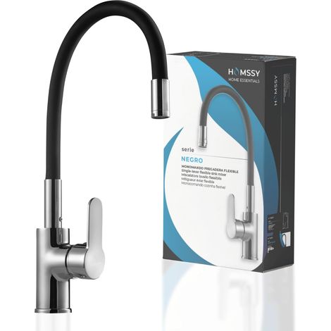HOMSSY Grifo de Cocina Flexible Negro, Caño Alto y Ajustable 360°, Acero Inoxidable Recubierto en Caucho, Cuerpo de Latón, Grifo Monomando para Fregadero (1/5)