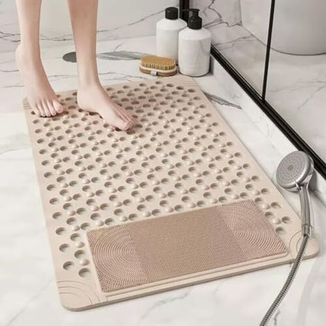 Non-slip shower mat 60x90cm, anti-slip shower mat with suction cups and drainage holes, PVC material, mold-resistant, non-slip shower mat for shower room and bathtub (Beige)