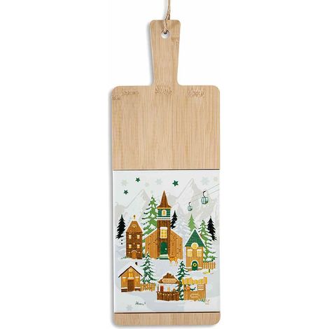 Taglieri di Natale / set aperitivo in legno e ceramica con decoro paesaggio natalizio innevato e cordino, set da 3 pezzi, cm 15 x 42,5 H