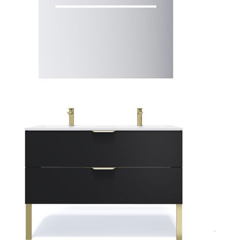 Meuble de salle de bain suspendu double vasque intégrée 120cm 2 tiroirs Noir + miroir - Venice (1/5)