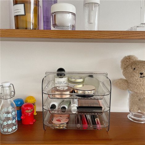 Organisateur de maquillage à 3 niveaux en acrylique transparent, anti-poussière, avec poignée, pour femme. (1/4)