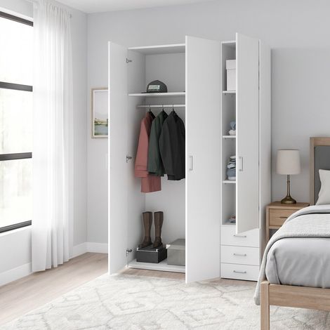 Dmora Armoire à trois portes et trois tiroirs, couleur blanche, Dimensions 115 x 200 x 49 cm (1/5)