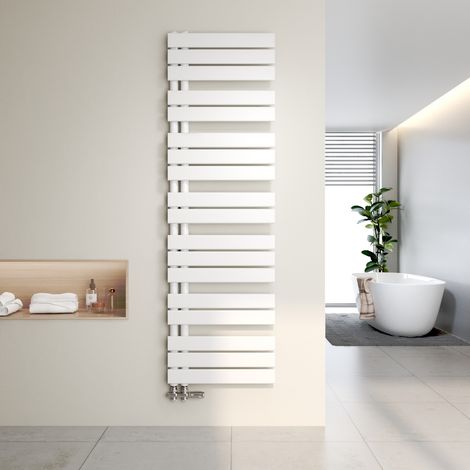 Heilmetz Radiador toallero de agua caliente 138,5 x 50 cm, 809 W, Blanco, Diseño asimétrico, Tubos planos, Conexión lateral