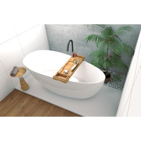 ECOLAM exklusive freistehende Badewanne 170x72 cm Goya + Ablage Bambus I moderne Standbadewanne Wanne freistehend I Ablaufgarnitur Click Clack Design Mineralguss glamour weiß