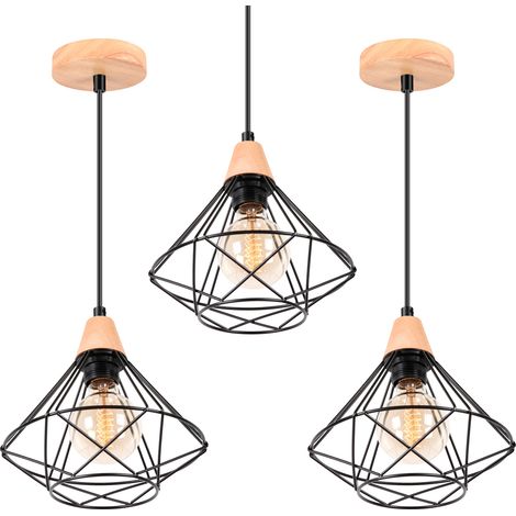 3 Pack Chandelier Industrial Retro Cage Made of Metal E27 Wooden Ceiling Lamp for Bedroom Living Room Dining Room Black (1/5)
