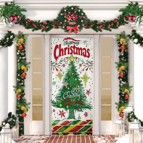 Stickers de porte de Noël, décorations de porte Père Noël, décorations de fête du Nouvel An, décorations de fêtes, banderoles/décorations de porte - 90 x 180 cm (avec trous et ruban) - 21