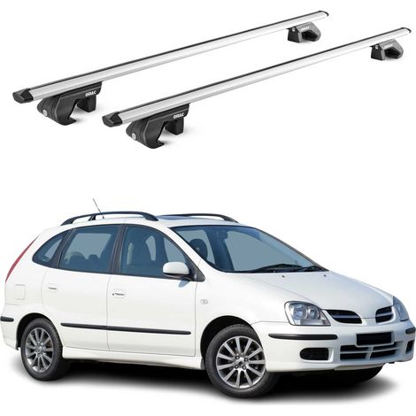 OMAC Dachträger Aluminium TÜV geprüft für Nissan Almera mk2 Kombi 2000-2008 5Tür – Für Standard Dachreling – T Nut – Max 90 kg – 2 Schlösser Silber (1/5)