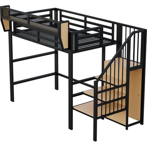 Lit mezzanine 90x200 avec échelle de sécurité et rangement flexible, lit métal adulte enfant superposé, noir (1/5)