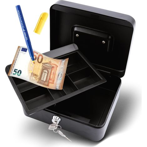 Caisse à monnaie avec détecteur de faux billets en acier revêtu par poudre, poignée escamotable, avec porte-monnaie à 5 compartiments, serrure à cylindre de sécurité, noir (1/5)